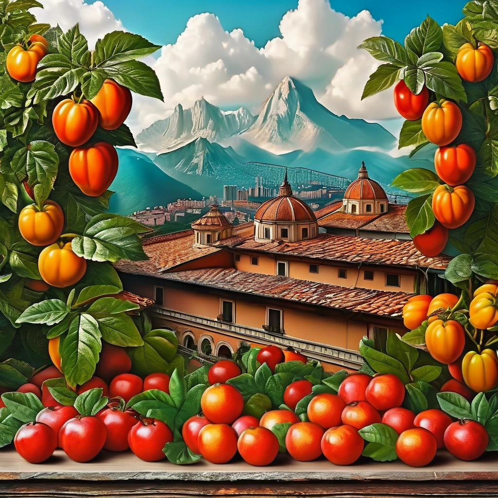 strawberry garden with beautiful mountain landscape background in the style of Michelangelo Buonarroti