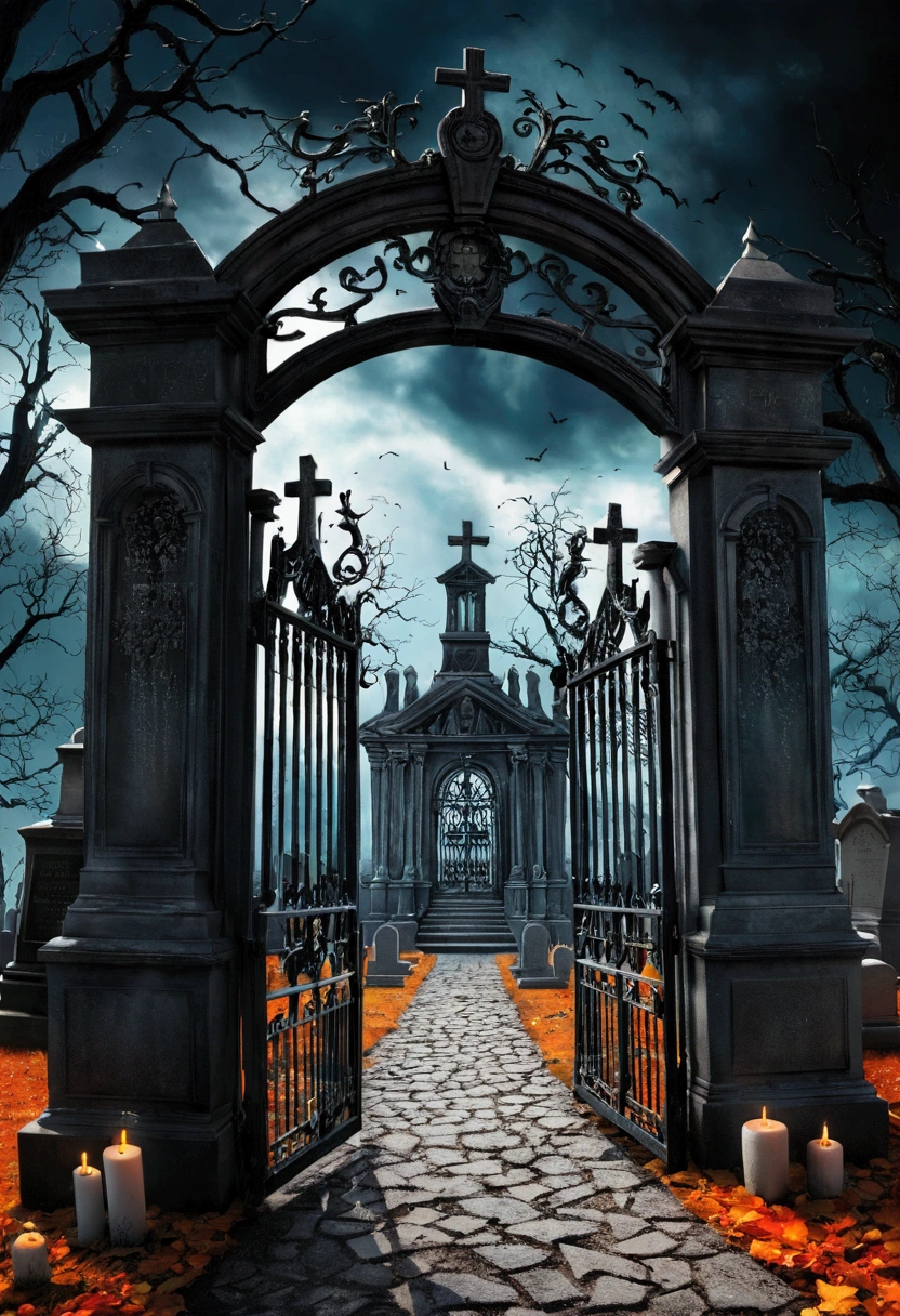 Create high-quality scary cemetery gates, nightmare