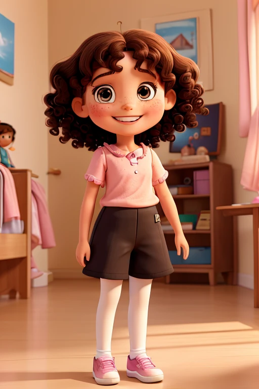 a photo of dodora carinss, a 7 year old girl, happy and smiling, white with freckles, with shoulder-length brown curly hair, brown eyes, pink blouse, black pants, white sneakers, playing with dolls