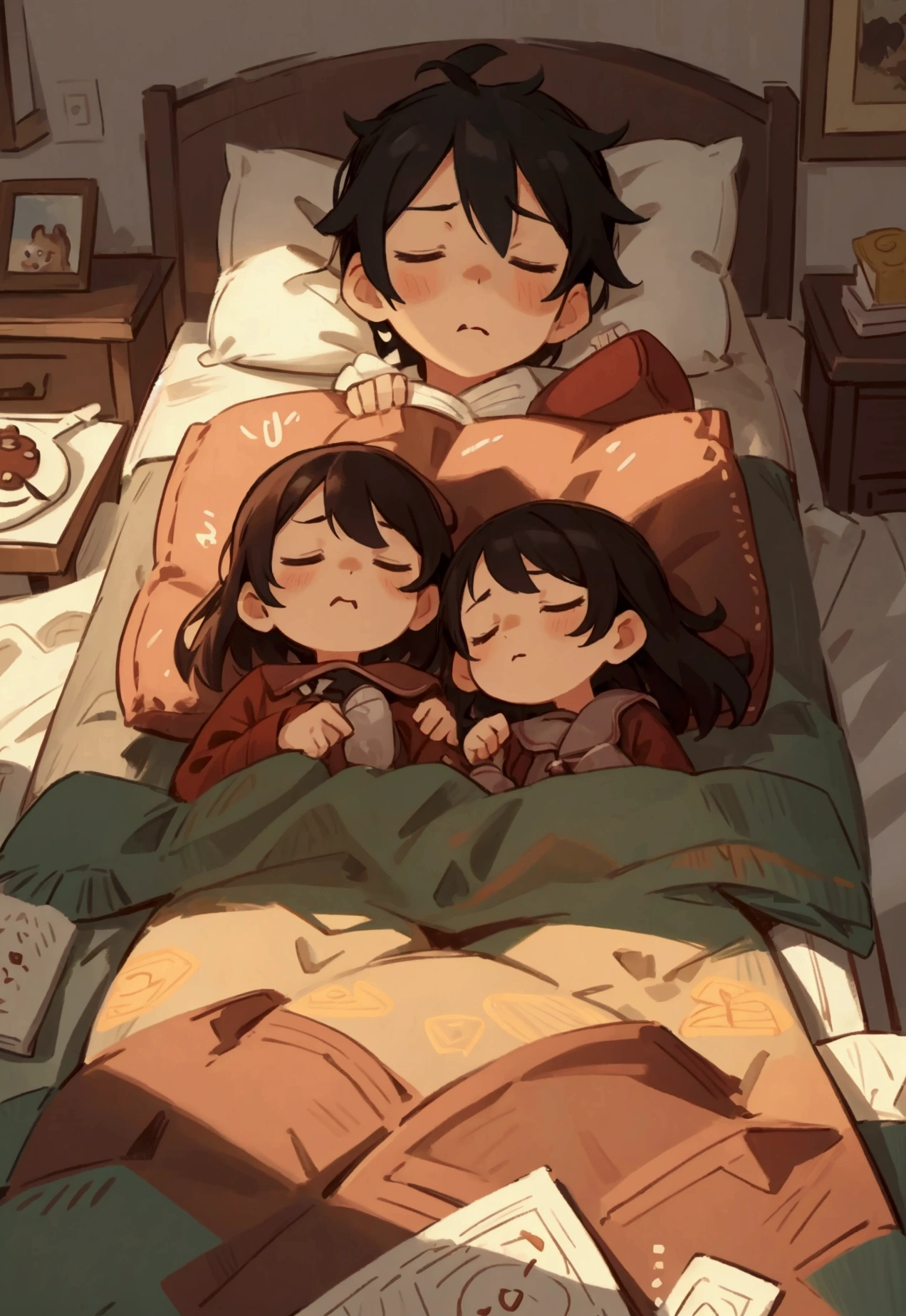 Cartoon illustration，Couple sleeping in one bed，Each person has a pillow，The headboard is made of leather，There is a landscape painting above the bed，The whole room is warm，Close-up of facial expressions，Two people were covered with one quilt.