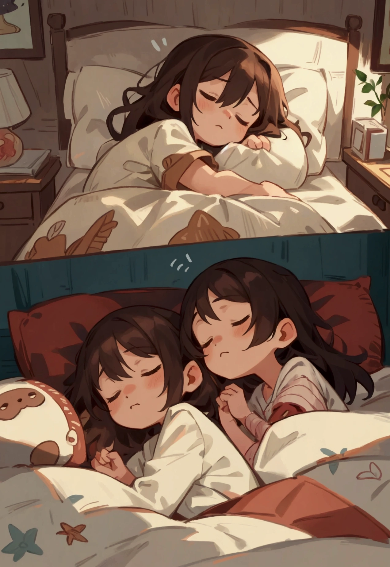 Cartoon illustration,Couple sleeping in one bed,Each person has a pillow,The headboard is made of leather,There is a landscape painting above the bed,The whole room is warm,Close-up of facial expressions,Two people were covered with one quilt.