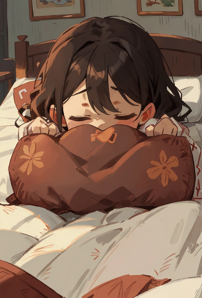 Cartoon illustration,Couple sleeping in one bed,Each person has a pillow,The headboard is made of leather,There is a landscape painting above the bed,The whole room is warm,Close-up of facial expressions,Two people were covered with one quilt.