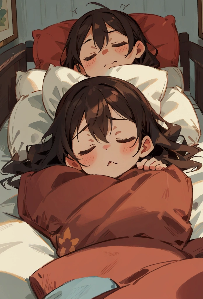 Cartoon illustration，Couple sleeping in one bed，Each person has a pillow，The headboard is made of leather，There is a landscape painting above the bed，The whole room is warm，Close-up of facial expressions，Two people were covered with one quilt.