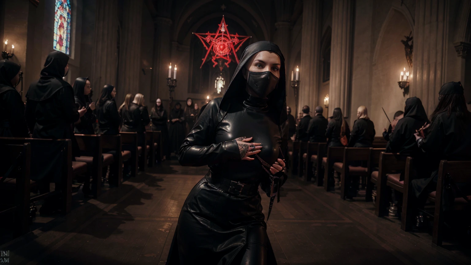 satanic cult. (best quality,4K,8K,high resolution,masterpiece:1.2),Super detailed,(actual,photoactual,photo-actual:1.37), best quality,realistic, female assassin, tattooed. satanic sexy nun wearing dominatrix latex nun-habit and gimp mask. holding realistic whip in satanic church Church Of Satan. torture, agony, fear.