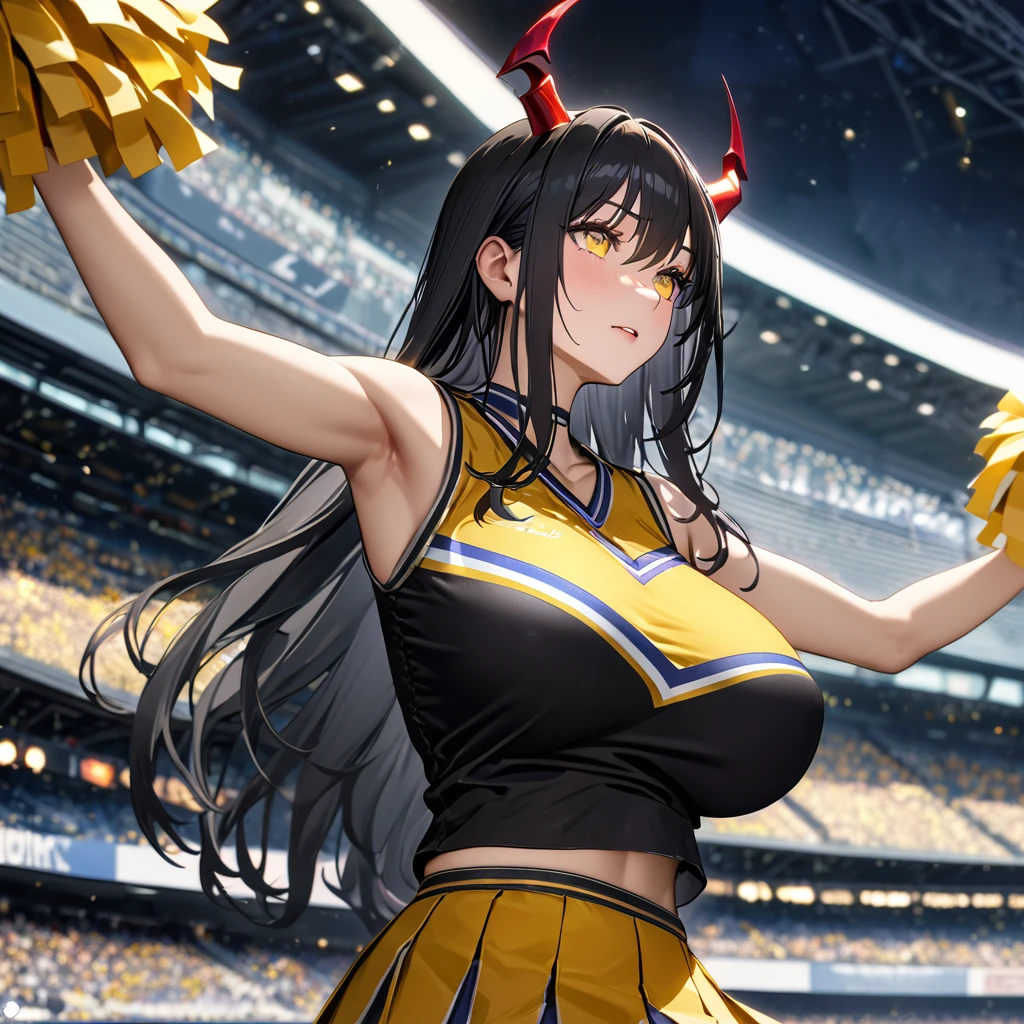 A woman wearing a cheerleader uniform, black shirt with gold details, sleeveless shirt, big breasts, yellow skirt, long black socks, sports shoes, red horns, yellow eyes, black hair, long hair, standing in the stands of a football stadium, night place.(solo woman) ,UHD , prime work , accurate , anatomically correct , textured skin , super details , high quality , best quality, 8k, high resolution, bokeh effect,
