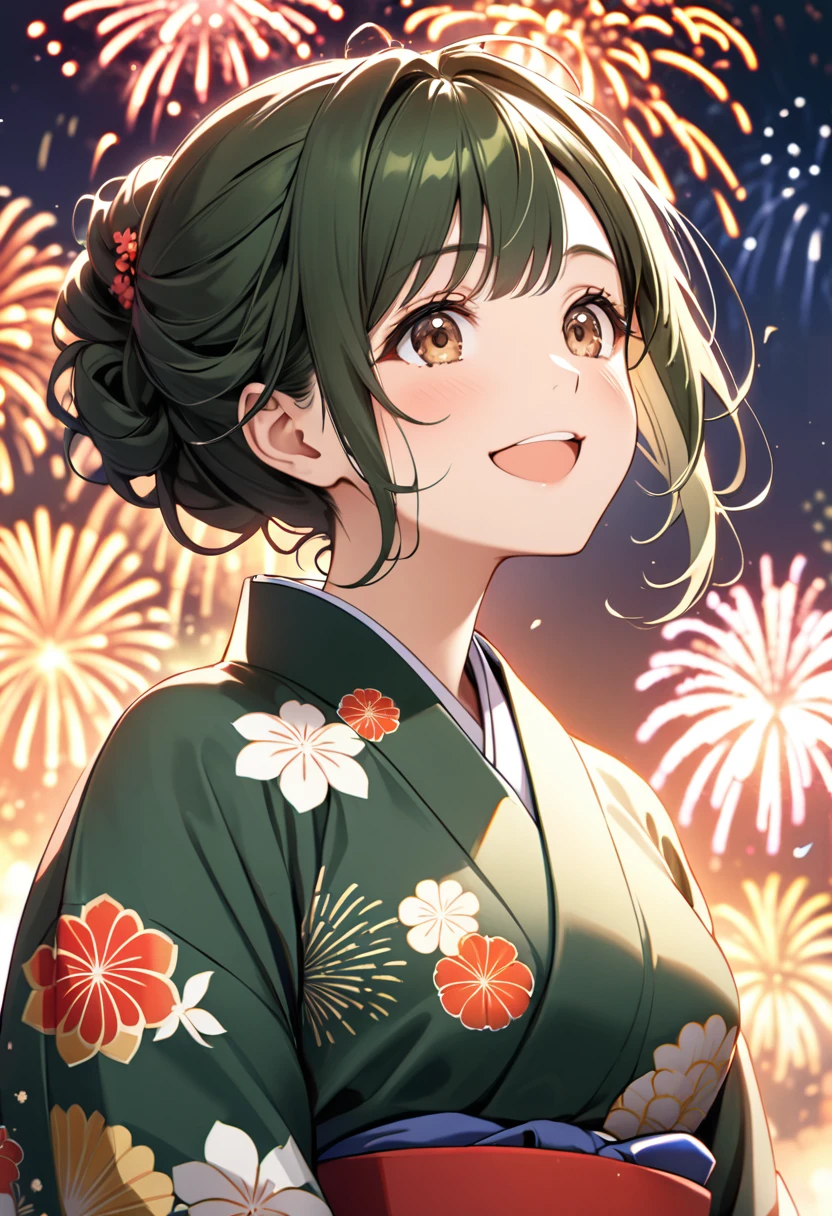 8k, Female model, dark green short wavy hair, updo hairstyle, Brown eyes, happy expression, Wearing a Japanese Yukata, Background with fireworks, looks up at the sky