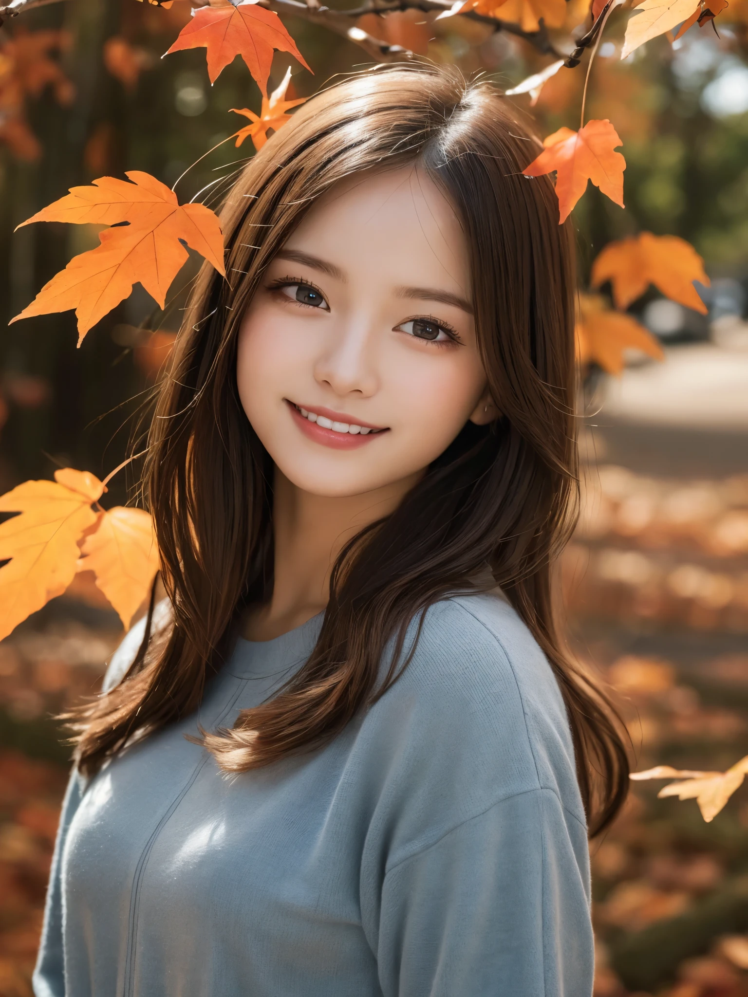 masterpiece, best quality, illustration, ultra-detailed, finely detailed, high resolution, 8K wallpaper, perfect dynamic composition, beautiful detailed eyes, autumn leaves, casual attire, long hair, gentle expression, cute, smile, looking at camera