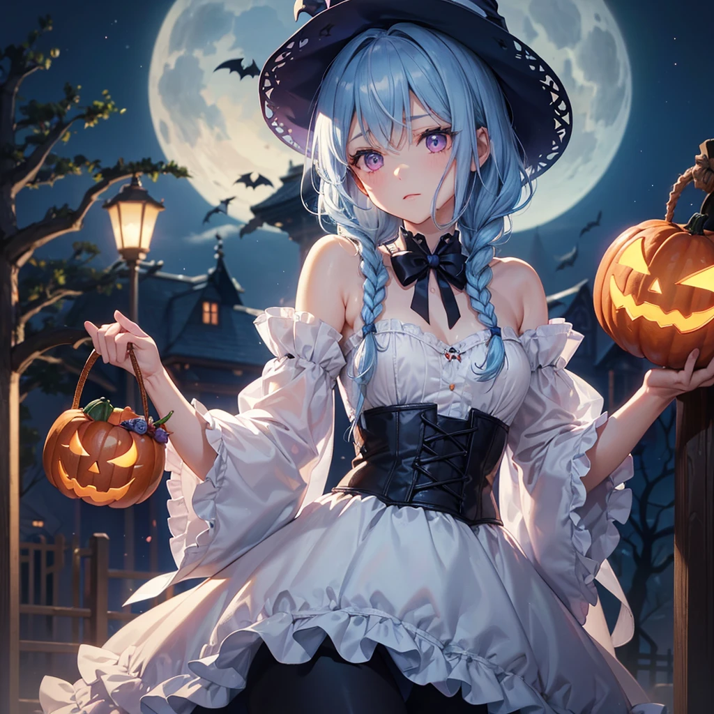 (Light blue medium hair:1.2),(Braided hair:1.2)、Pink eyes、Fair skin、cowboy shot、Halloween、The background is a pumpkin ghost、Crescent Moon、Trick or Treat、A lot of sweets、witch、Halloween night、Candy、many bat、Condescending expression、solo、(masterpiece、Highest quality、Very detailed、Best Shadow)、(Detailed Background)、(Beautifully detailed face)、High contrast、(Best lighting、Very delicate and beautiful)、(Cinematic Light)、colorful、Hyper Detail、Dramatic Light、Exquisite detail、