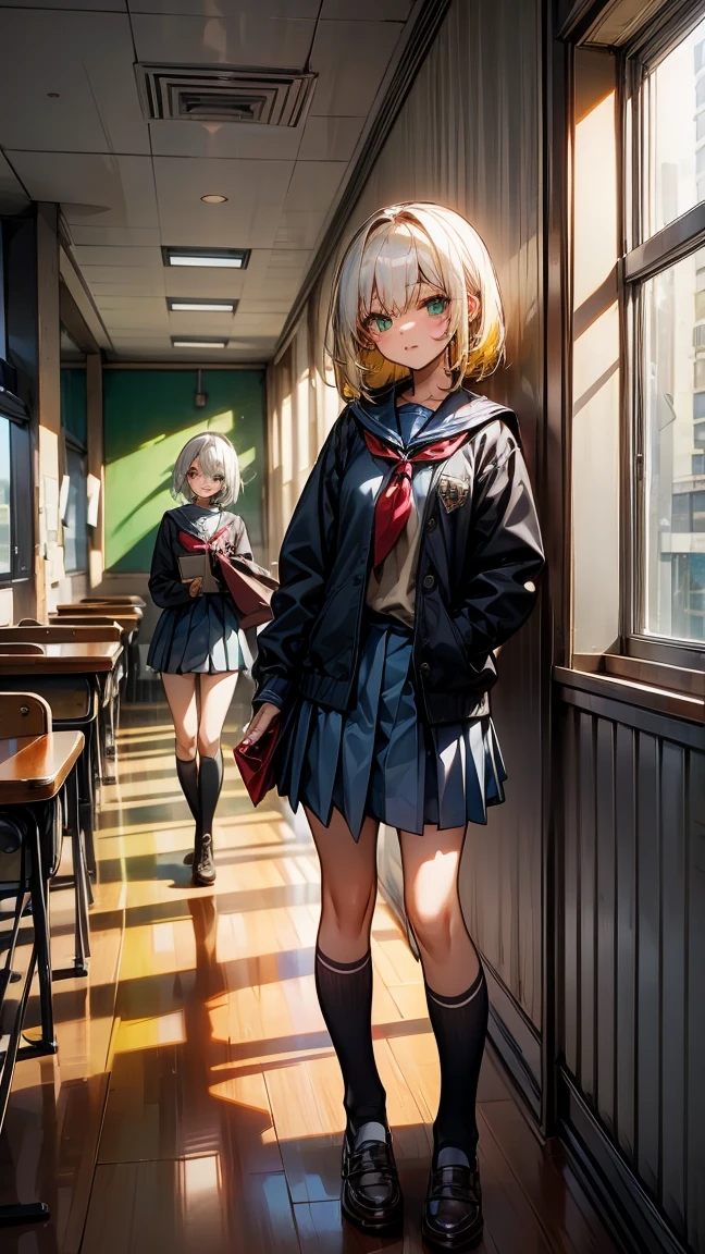 3 17 year old girls. 1 with yellow hair and green eyes tanned body. 2 white hair and blue eyes. 3 Red Hair And Red Eyes. All standing in school clothes. High School College Fund.