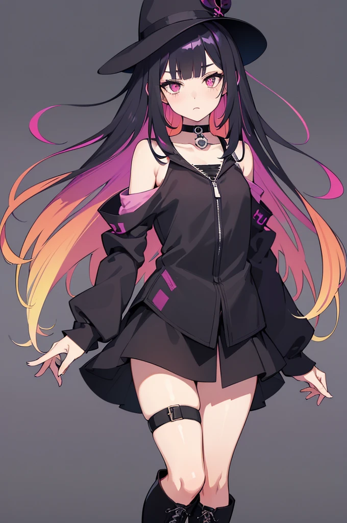 work of art, best qualityer,super fine illustration, Perfect Anatomia, anatomical correct, perfect proportion, face perfect, perfect hands, perfect legs, perfect toes, perfect hands, professional lighting, best qualityer, ultra detaild, extremely delicate and beautiful, 4K, 8k, clearly drawn face, gorgeous eyes, beautifully detailed eyes, highly-detailed eyes, (1 girl,standing alone,((black hair 1.2)(Purple Hair 1.2)fine thighs,long hair e liso, blunt bangs, (multicolored hair:1.5),(two tone hair:1.2), (gradient hair:1.3), multi colored eyes, standing, long hair, looking ahead at viewer, blush, , choker, thigh strap, (eyeliner:1.2), ombre, へそ, tummy, pink eyes, combat boots, skull hair clip, plain black hat, Black jacke, Purple pants, cinta, simply white background, fit the screen