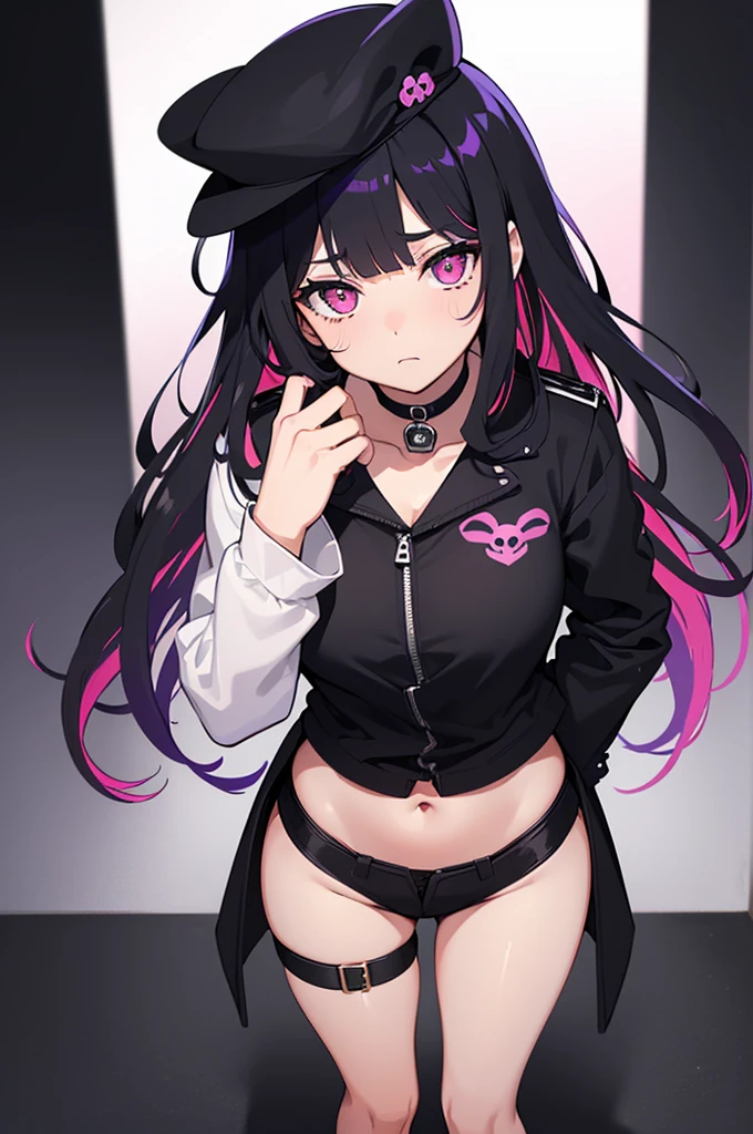 work of art, best qualityer,super fine illustration, Perfect Anatomia, anatomical correct, perfect proportion, face perfect, perfect hands, perfect legs, perfect toes, perfect hands, professional lighting, best qualityer, ultra detaild, extremely delicate and beautiful, 4K, 8k, clearly drawn face, gorgeous eyes, beautifully detailed eyes, highly-detailed eyes, (1 girl,standing alone,((black hair 1.2)(Purple Hair 1.2)fine thighs,long hair e liso, blunt bangs, (multicolored hair:1.5),(two tone hair:1.2), (gradient hair:1.3), multi colored eyes, standing, long hair, looking ahead at viewer, blush, , choker, thigh strap, (eyeliner:1.2), ombre, へそ, tummy, pink eyes, combat boots, skull hair clip, plain black hat, Black jacke, Purple pants, cinta, simply white background, fit the screen