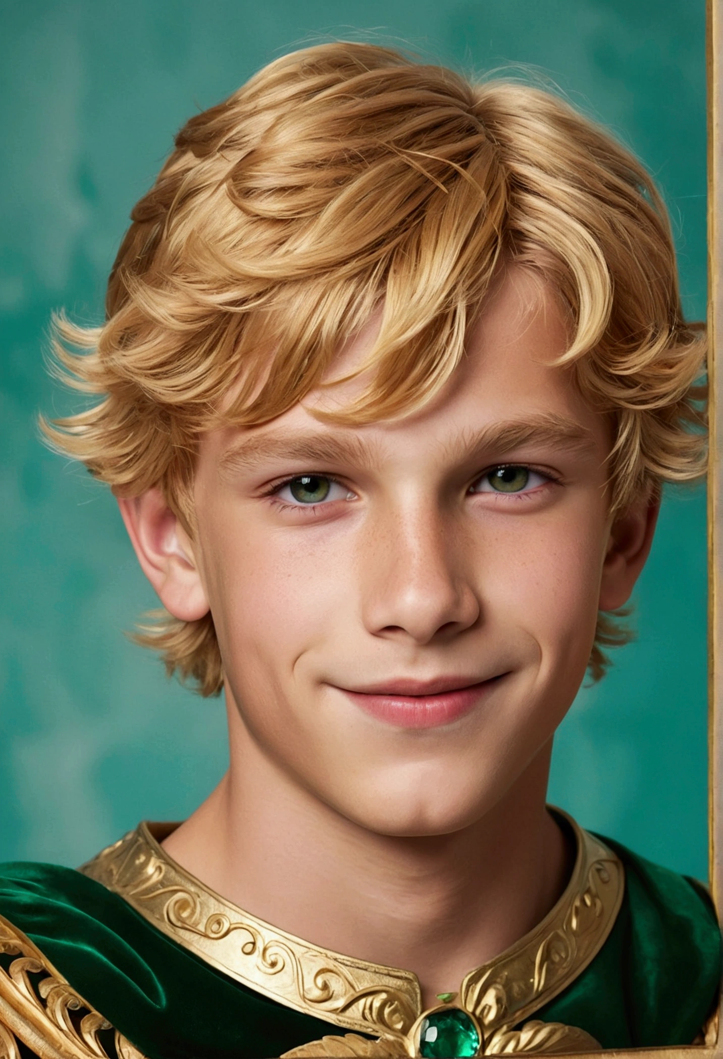 Generate an extremely sexy 13 year old boy, athletic, cute and realistic blond fringe. He has light red hair, almost blonde, lean, muscular and manly. He is wearing a small golden laurel wreath, but very elegant, and her hair is short and slightly messy. Her big eyes are emerald green, rosy cheeks, your skin is very tanned and your lips are big and smiling.. He is wearing a lilac royal outfit with green and gold details in an elegant Greek-inspired setting.