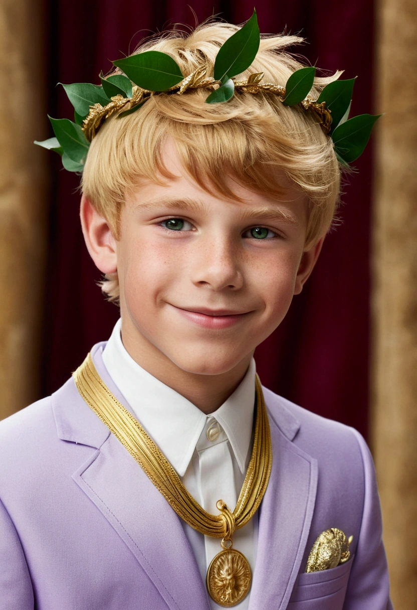 Generate an extremely sexy 13 year old boy, athletic, cute and realistic blond fringe. He has light red hair, almost blonde, lean, muscular and manly. He is wearing a small golden laurel wreath, but very elegant, and her hair is short and slightly messy. Her big eyes are emerald green, rosy cheeks, your skin is very tanned and your lips are big and smiling.. He is wearing a lilac royal outfit with green and gold details in an elegant Greek-inspired setting.