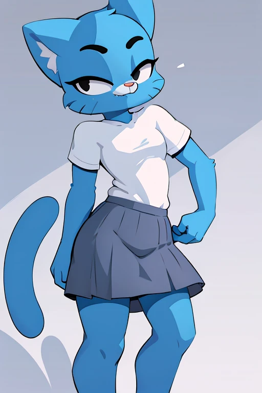 nicolewatterson, cat, blue fur, white shirt, gray skirt