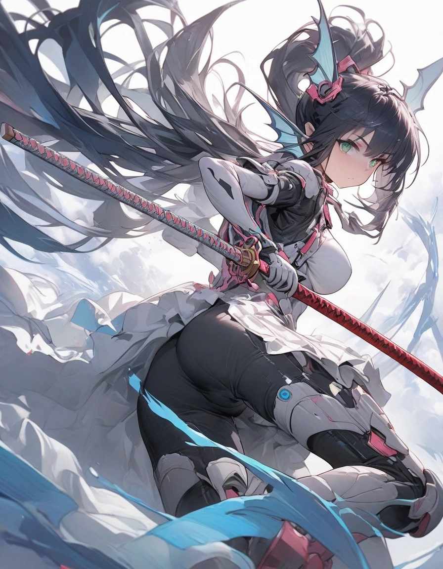 ,snap shot,red katana,fighting stance,(holding huge katana:1.3),samurai armor,,,{{{Huge breasts}}},,,,,,long skirt, brooches,Blue brooch,,(dark Blue hair:1.25),gradient_hair,( Green eyes:1.25),hair_ornament detached ,,Very Long Ponytail, poneyTail,, (head fins:1.25),、,iaidow,weapon, katana, holding sword, ready to draw, sheathed, unsheathing, scabbard,(Masterpiece, best quality), ultra-detailed, full-bodied cyber punk magical girl, hold on high tech energy KATANA,,cyber outfit, cyber hi-tech boots, high resolution, digital painting, 8k high resolution, trending art station, white background, whole body.from behind,back,,
