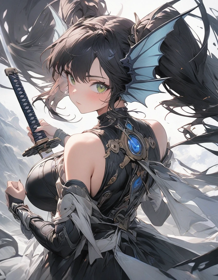 ,snap shot,red katana,fighting stance,(holding huge katana:1.3),samurai armor,,,{{{Huge breasts}}},,,,,,long skirt, brooches,Blue brooch,,(dark Blue hair:1.25),gradient_hair,( Green eyes:1.25),hair_ornament detached ,,Very Long Ponytail, poneyTail,, (head fins:1.25),、,iaidow,weapon, katana, holding sword, ready to draw, sheathed, unsheathing, scabbard,(Masterpiece, best quality), ultra-detailed, full-bodied cyber punk magical girl, hold on high tech energy KATANA,,cyber outfit, cyber hi-tech boots, high resolution, digital painting, 8k high resolution, trending art station, white background, whole body.from behind,back,,