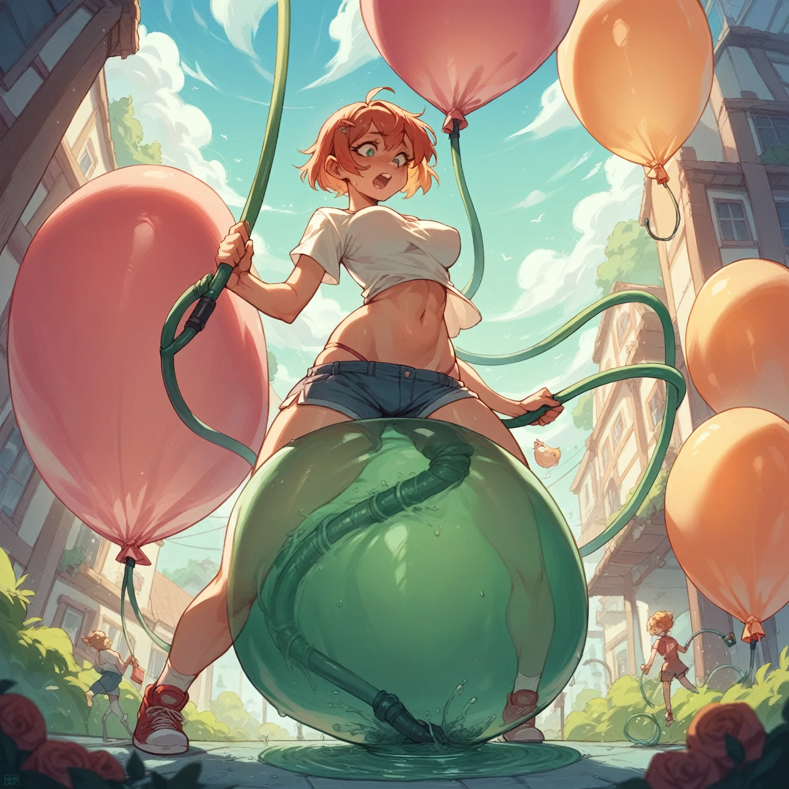 A girl with her belly and breasts being inflated like a giant balloon with a hose