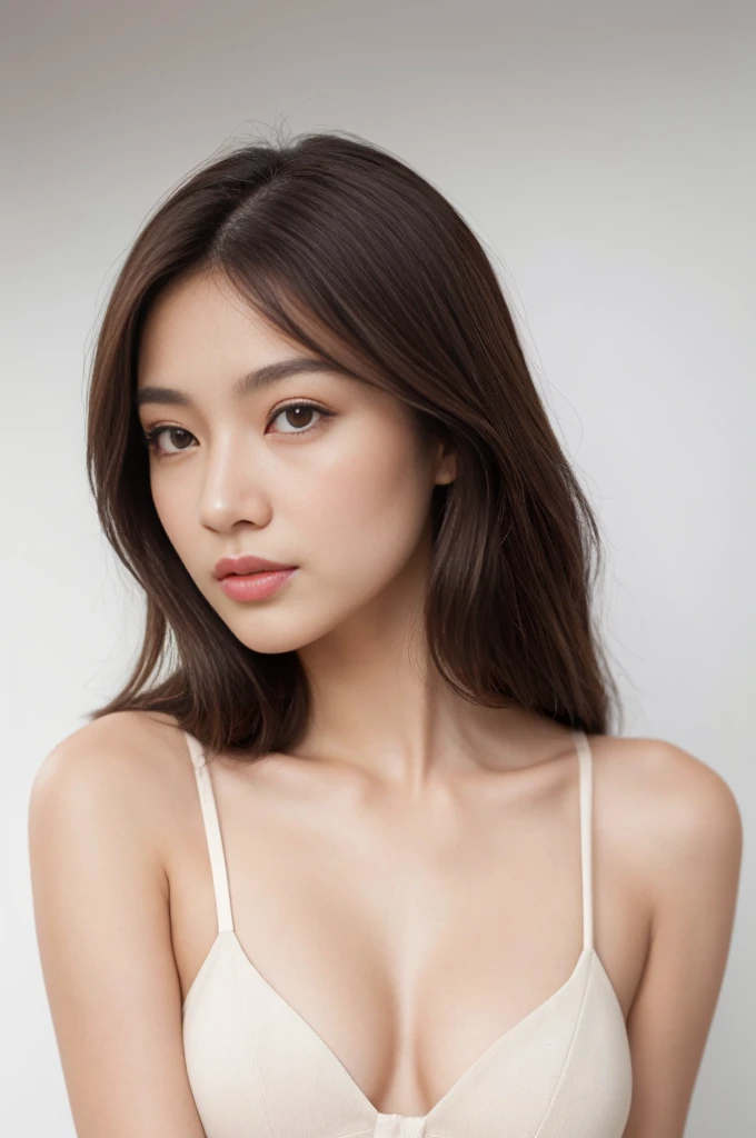 Create a (( mid-shot )) photorealistic image of a beautiful Asian woman with fair, smooth, flawless skin. She has large, round, sparkling eyes with naturally long and curled eyelashes, and well-defined, dark eyebrows. Her nose is straight and high, and her naturally pink, soft lips form a gentle smile. She has short, slightly curled brown hair that highlights her delicate facial features. Her face is oval-shaped, with a wide and high forehead, moderately high cheekbones, and a pointed, slender chin. She is wearing white underwear . (( waist to top))