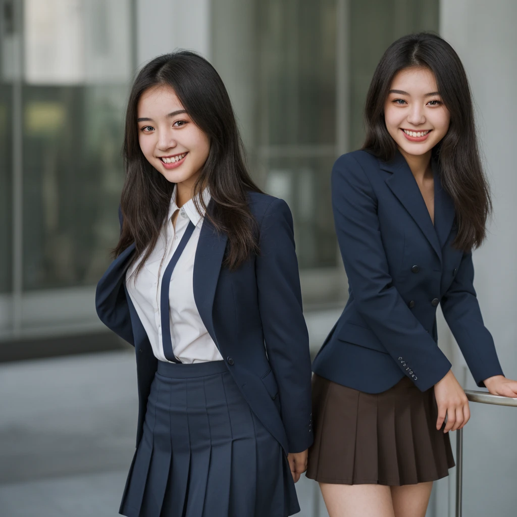 A beautiful 18 year old Asian girl. Caucasian skin, dark hair and brown eyes. Wearing a navy blue suit and skirt. She is smiling beautifully. 8k. uhd. Hyper-realistic.