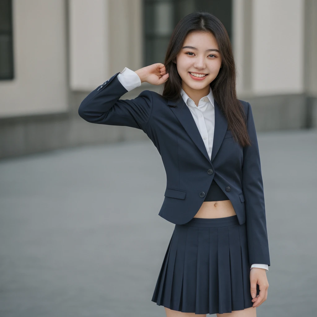 A beautiful 18 year old Asian girl. Caucasian skin, dark hair and brown eyes. Wearing a navy blue suit and skirt. She is smiling beautifully. 8k. uhd. Hyper-realistic.
