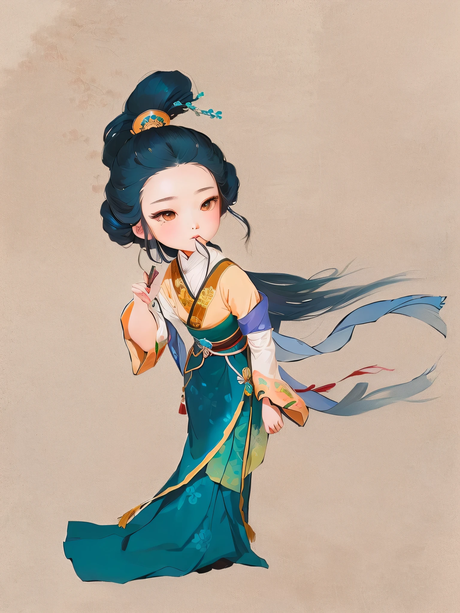 A girl in a turquoise costume、Long hair girl cartoon, Girl wearing Hanfu,Ancient costume girl wearing a hairpin，Flowing long hair， ancient Chinese Princess, Chinese Princess, Inspired by Du Qiong, Ancient Dynasty Princess, Ancient Chinese Goddess, Ancient Chinese beauties,, Wearing ancient Chinese clothes, Beautiful character painting, Chinese Art Style，Hand drawn ancient costume girl，4K，8k，Ultra-detailed hand-painted
