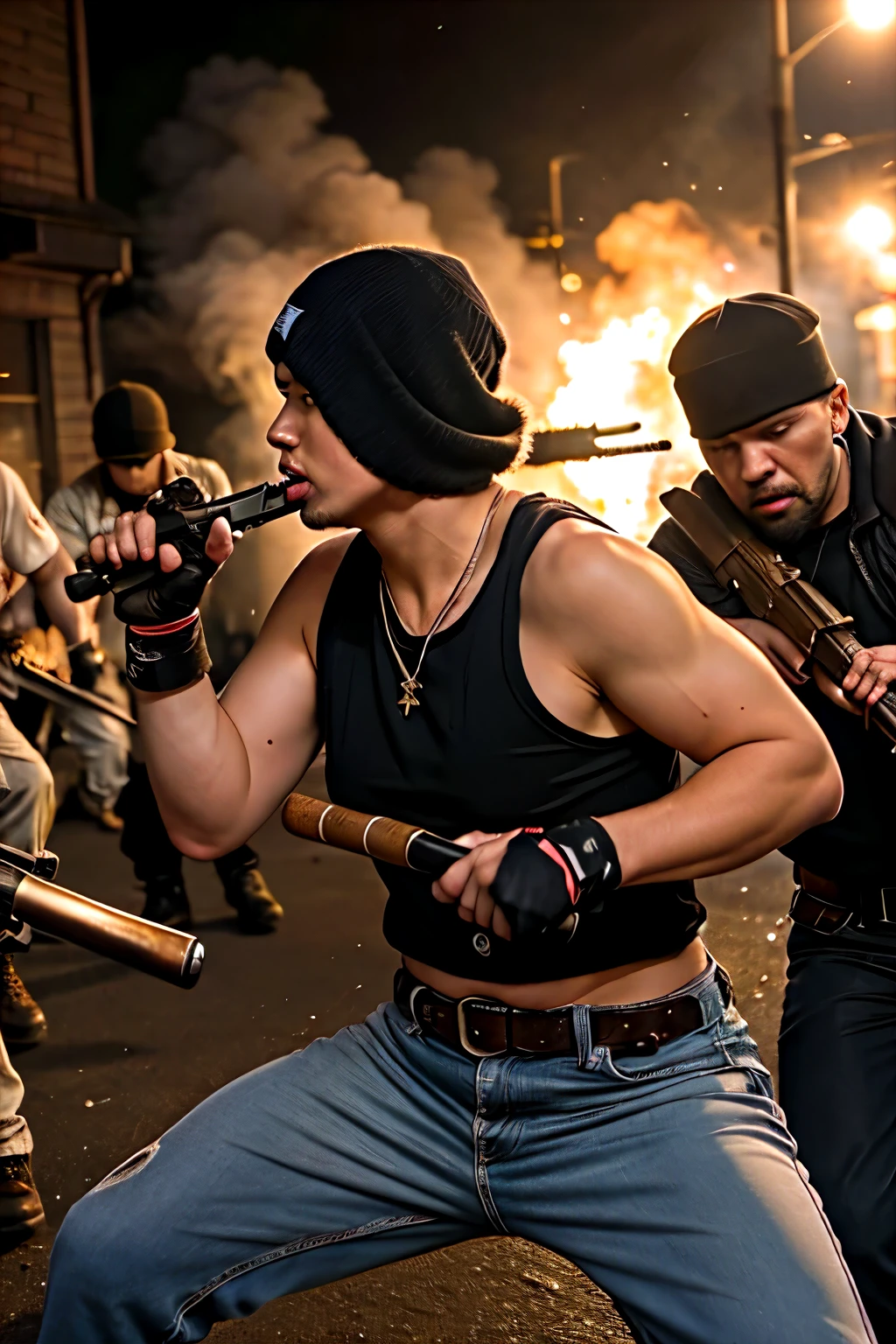Create a realistic picture for this prompt,Intense battle between rival gangs, with pickaxes clashing and guns blazing