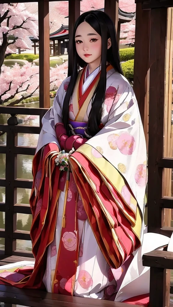 (Flower-like立ち姿)、(Flower-like)、(Like flowers)、(Floral fragrance)、(Everyone is enchanted)、(Pale Cherry Blossomsの色)、(Pale red plum color)、(((Highest quality、Highest quality、masterpiece、Beautiful and beautiful、There was only one beautiful woman with long, jet black hair and beautiful, round, black eyes.、A gentle gaze、Rosy Cheeks)))、 (ceremonial robe of court lady from the Heian period in Japan)、imperial palace、Pale Cherry Blossoms、Pale Cherry Blossomsの花びら、Highest resolution、Highest quality、8k、Depth of written boundary、Super beautiful graphics