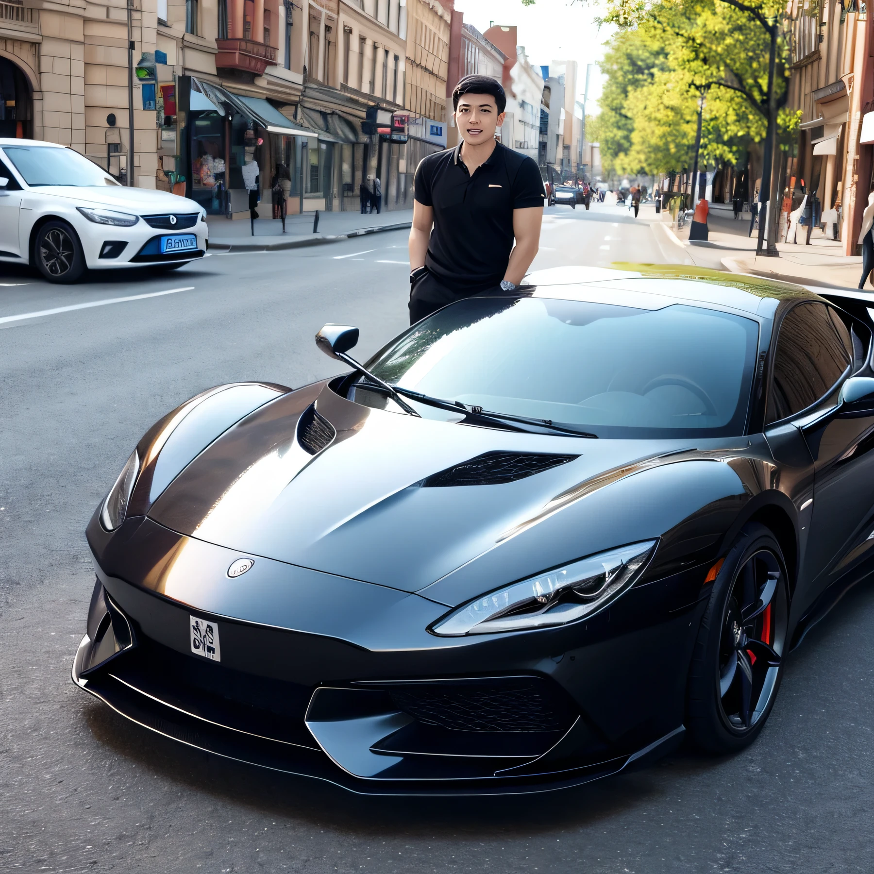 Asian man next to supercar in the city, real photo