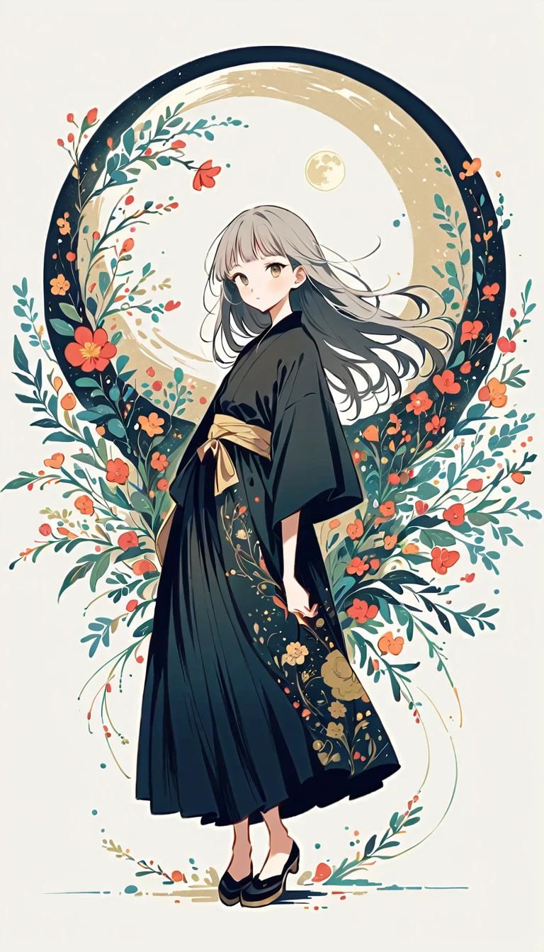 White Background, Fujichoco Style, Black kimono, (((The most beautiful girl))), Gray Hair, ((Accurate full moon)), Simple Background, Simple line initials, whole body, Black Tone,