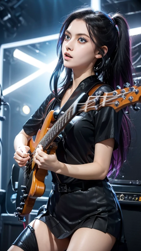 ((masterpiece, best quality))1girl, solo, black dress, big eyes, blue eyes, electric bass, bassist, Big Breasts, holding, holding plectrum, instrument, Long Straight hair, music, one side up, playing bass, pleated skirt, black shirt.
