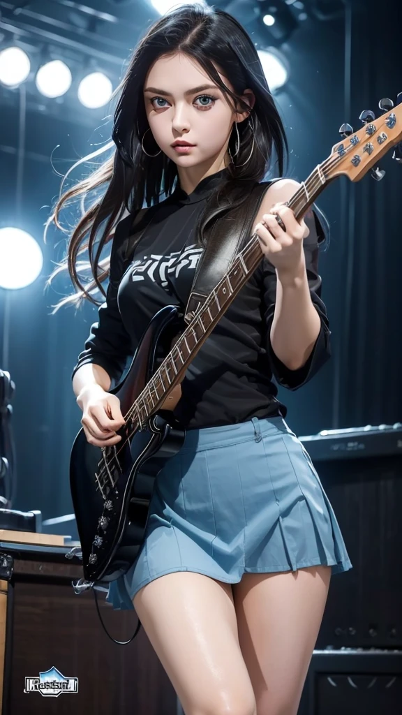 ((masterpiece, best quality))1girl, solo, black dress, big eyes, blue eyes, electric bass, bassist, Big Breasts, holding, holding plectrum, instrument, Long Straight hair, music, one side up, playing bass, pleated skirt, black shirt.