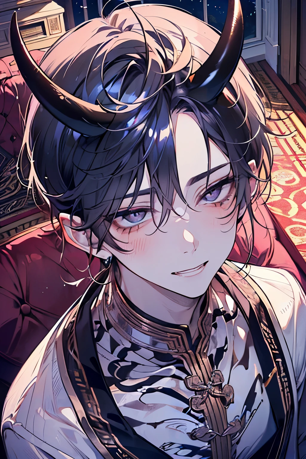 ,(((male:1.3))),((lightning hair:1.3)),(Shiny marble eyes:1.45),(forehead mark),(NSFW:1.15),((Devil horns:1.2)),(A lustrous, soft face:1.4),(kiss顔:1.25)((blush、Excited face:1.2)),(Looking up:1.5),((Sexy room:1.25)),((Gorgeous Arabian costume:1.3)),(hand to own cheek:1.2)