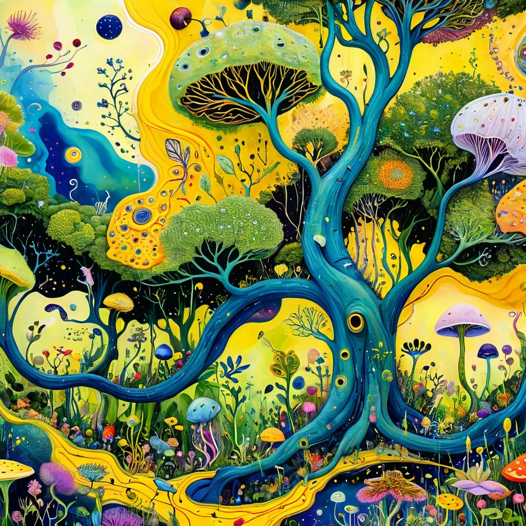 Intense visual fusion of various elements,broto,microorganism、plantar、wild animal life,Stitching an abstract painting,Describing the inner world of autistic people,Sense of space,blank space,interesting,innocence,psychedelic art,yellow