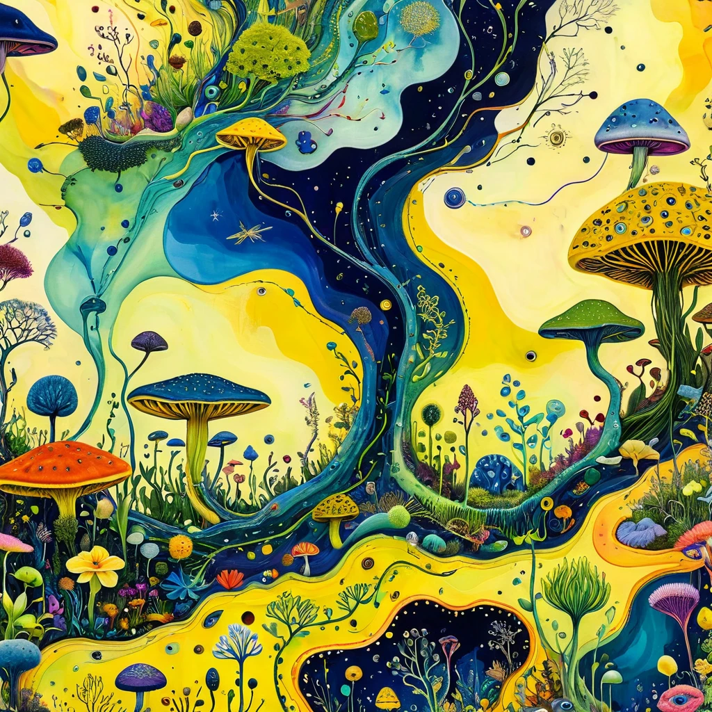 Intense visual fusion of various elements，broto，microorganism、plantar、wild animal life，Stitching an abstract painting，Describing the inner world of autistic people，Sense of space，blank space，interesting，innocence，psychedelic art，yellow