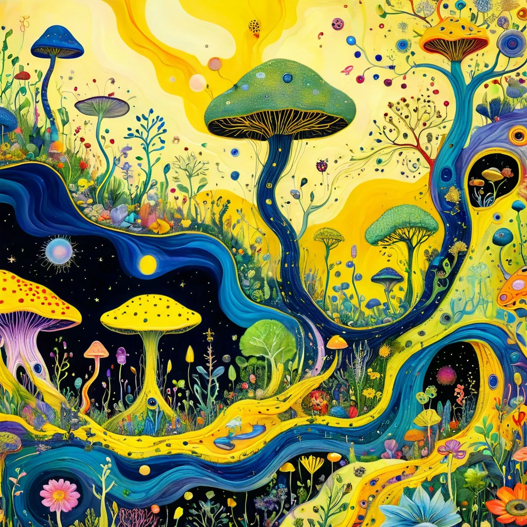 Intense visual fusion of various elements,broto,microorganism、plantar、wild animal life,Stitching an abstract painting,Describing the inner world of autistic people,Sense of space,blank space,interesting,innocence,psychedelic art,yellow