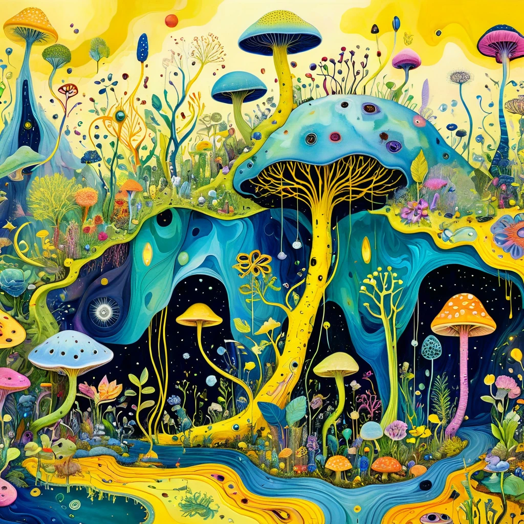 Intense visual fusion of various elements，broto，microorganism、plantar、wild animal life，Stitching an abstract painting，Describing the inner world of autistic people，Sense of space，blank space，interesting，innocence，psychedelic art，yellow