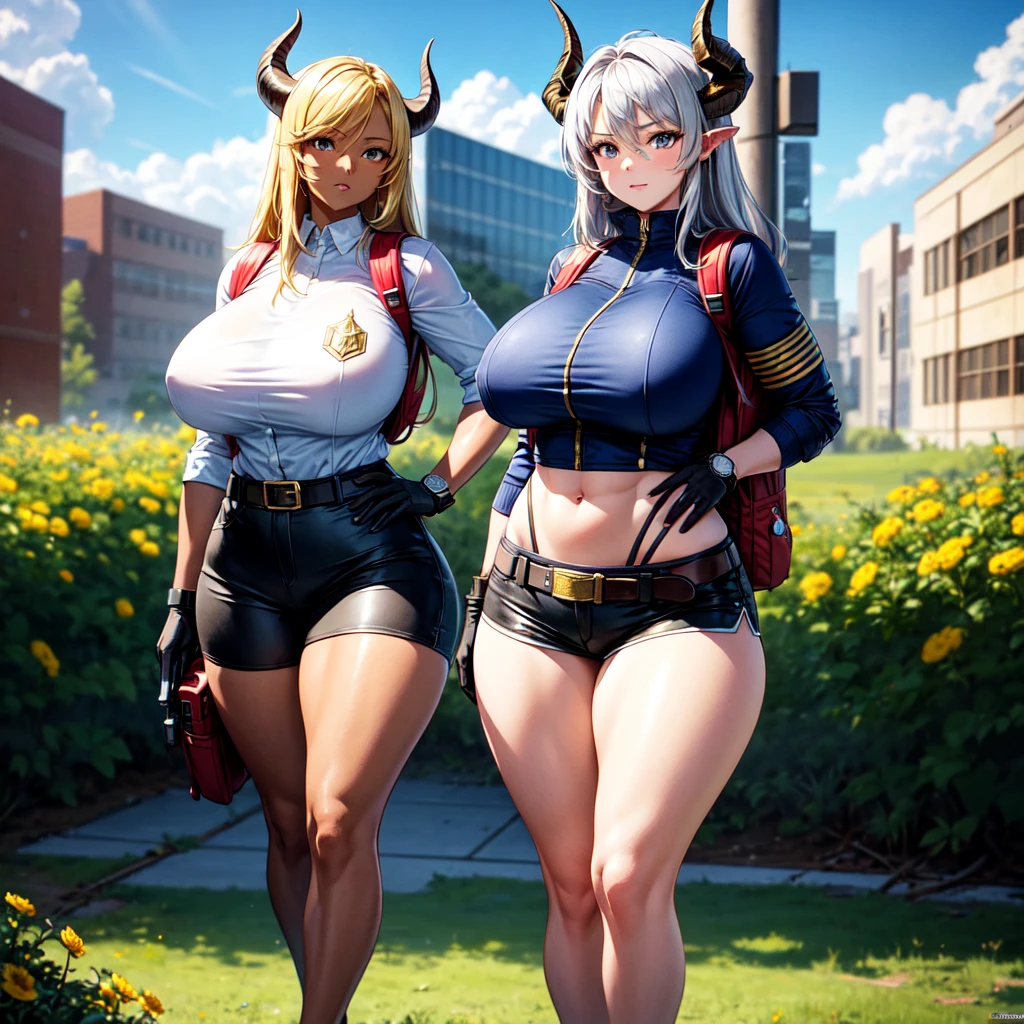 ((best quality)), ((masterpiece)), (detailed), 1girl, 8k_wallpaper, extremely detailed eyes, extremely detailed body, beautiful face, perfect face, detailed ((blonde hair)), (gold eyes), (( big blue horns)), {{dark skin}}, ({dark skinned female}), gigantic breasts, thick thighs, strong arm and leg muscles, strong abdominal muscles, Korean girl, dressed in a blue polto with rolled up sleeves, in heavy steel armor of silver color, on a wide red leather belt with gold yarn, hanging a military radio, leather tight shorts, leather gloves with radars and watches, a holster with a pistol hanging on her hip, a large hiking backpack, standing next to a red sci-fi SUV against the backdrop of flowers growing in the grass and a destroyed city,