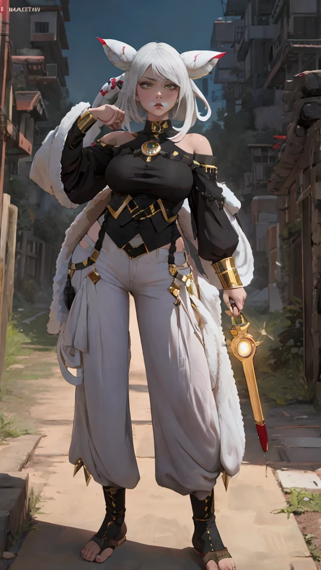 1 girl,  White hair, yellow eyes,   portrait, realistic, towel, (hit), Side lighting, wallpaper, NFV, full length (full body 1.1.), White hair, yellow eyes,  (animal ears|red horn:0.85),Navel,(masterpiece,Best quality:1.5),fiction, Raw photo, best photo, best photo quality, 8K quality, 8k ultra, bright skin, (bright eyes), detailed eyes, beautiful hair