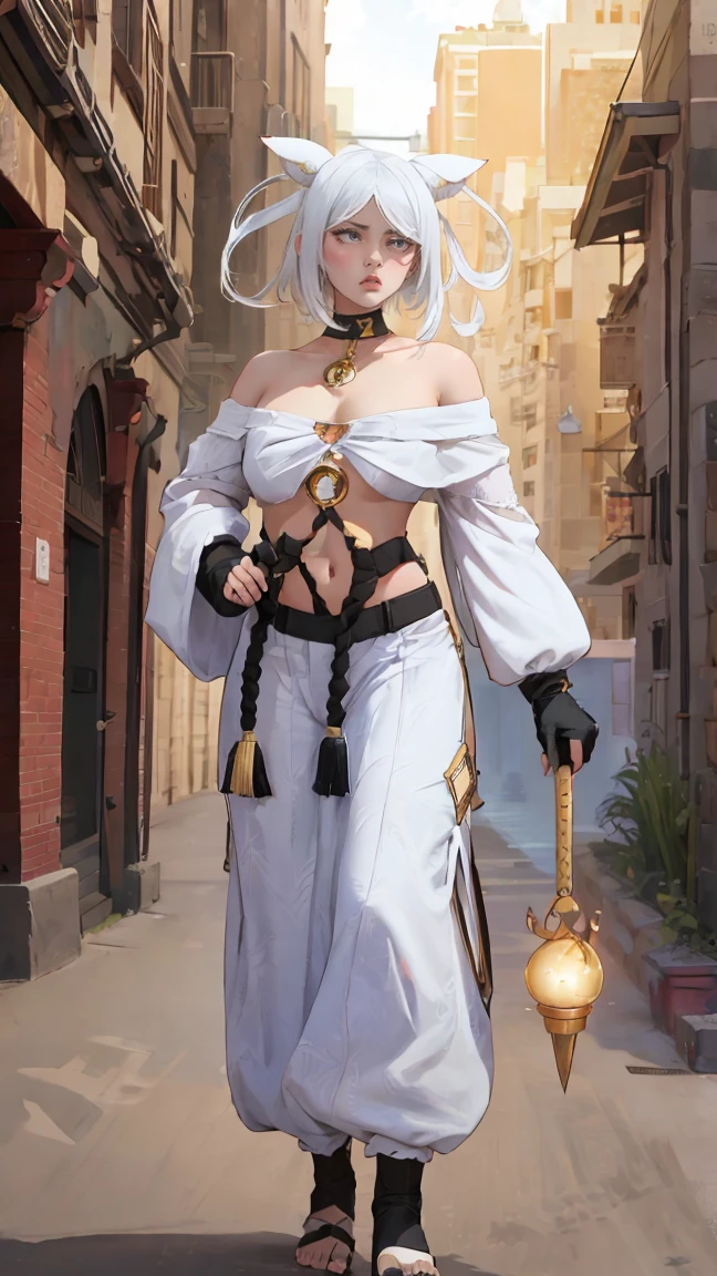 1 girl, White hair, yellow eyes, portrait, realistic, towel, (hit), Side lighting, wallpaper, NFV, full length (full body 1.1.), White hair, yellow eyes, (animal ears|red horn:0.85),Navel,(masterpiece,Best quality:1.5),fiction, Raw photo, best photo, best photo quality, 8K quality, 8k ultra, bright skin, (bright eyes), detailed eyes, beautiful hair