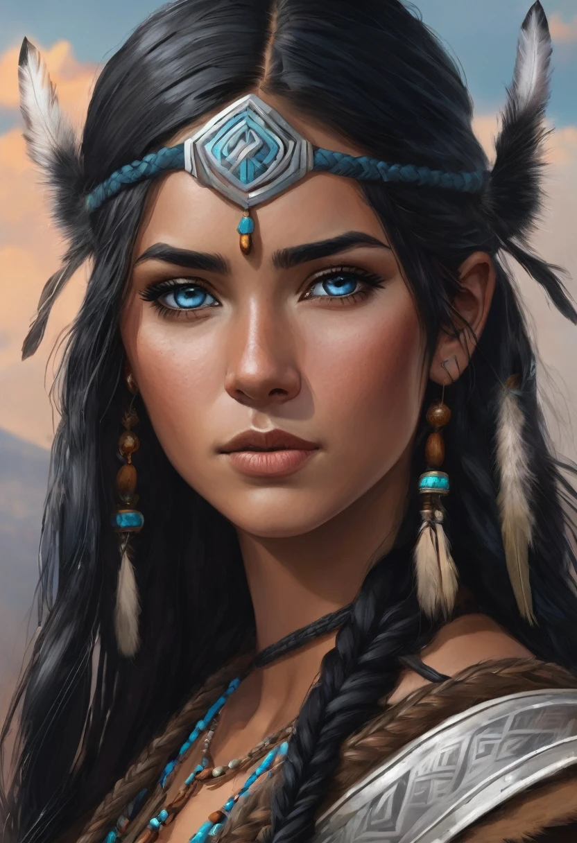I want you to create a character. She is a young 25-year-old woman with the typical characteristics of the Apache people.  Her long, straight black hair, which is braided, frames a face with tanned skin, common among her people.  His light blue eyes contrast with the color of his skin, creating a penetrating and expressive look.  She wears a traditional Viking outfit, with brown colors and black leather, and she is a warrior.