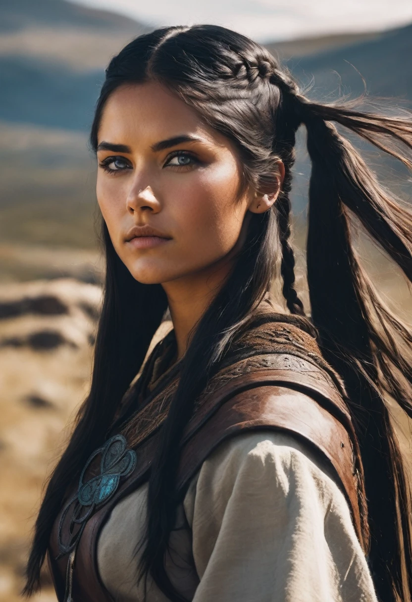 I want you to create a character. She is a young 25-year-old woman with the typical characteristics of the Apache people. Her long, straight black hair, which is braided, frames a face with tanned skin, common among her people. His light blue eyes contrast with the color of his skin, creating a penetrating and expressive look. She wears a traditional Viking outfit, with brown colors and black leather, and she is a warrior.