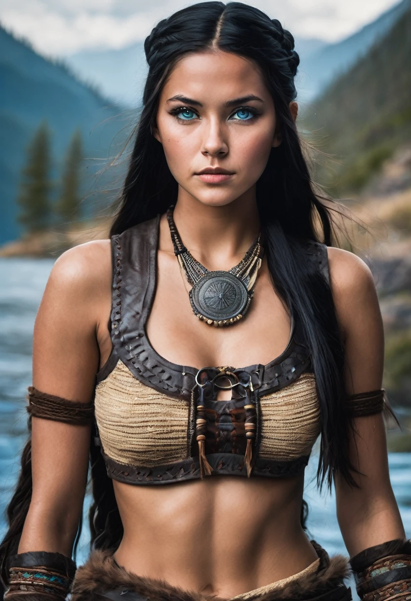 I want you to create a character. She is a young 25-year-old woman with the typical characteristics of the Apache people. Her long, straight black hair, which is braided, frames a face with tanned skin, common among her people. His light blue eyes contrast with the color of his skin, creating a penetrating and expressive look. She wears a traditional Viking outfit, with brown colors and black leather, and she is a warrior.