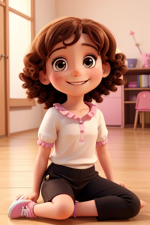 a photo of dodora carinss, a 7 year old girl, happy and smiling, white with freckles, with shoulder-length brown curly hair, brown eyes, pink blouse, black pants, white sneakers, sitting on the floor and holding a doll