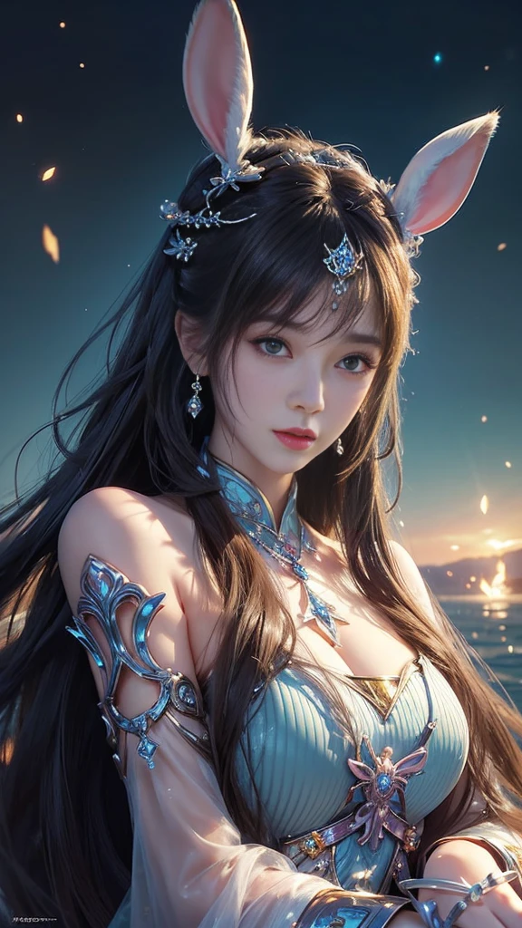 Close-up of a woman with rabbit ears and a sword, Queen of the Sea Mu Yanling, Zodiac Girl Knight Portrait, Lineage 2 Revolution Style, Smooth anime CG art, Game CG, beautiful fantasy queen, Complex and gorgeous anime CGI style, drank, Movie goddess close up, anime goddess, deadly, Realistic anime girl rendering