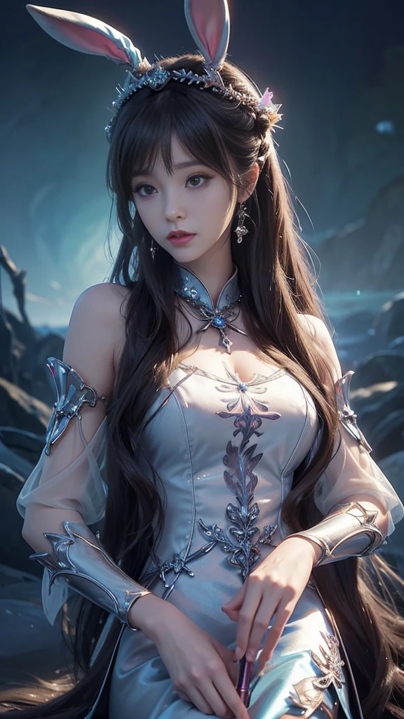 Close-up of a woman with rabbit ears and a sword, Queen of the Sea Mu Yanling, Zodiac Girl Knight Portrait, Lineage 2 Revolution Style, Smooth anime CG art, Game CG, beautiful fantasy queen, Complex and gorgeous anime CGI style, drank, Movie goddess close up, anime goddess, deadly, Realistic anime girl rendering