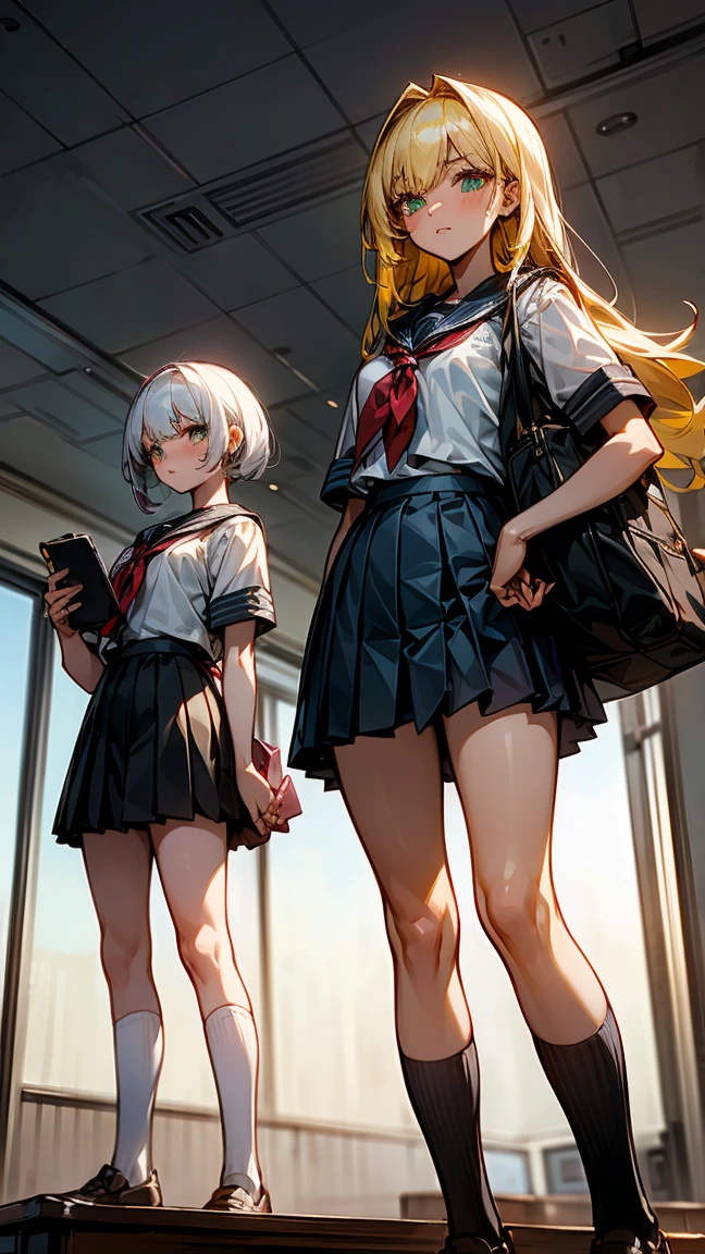 (((3 17 year old girls.))) 1 with yellow hair and green eyes tanned body. 2 white hair and blue eyes. 3 Red Hair And Red Eyes. All standing in school clothes. High School College Fund.