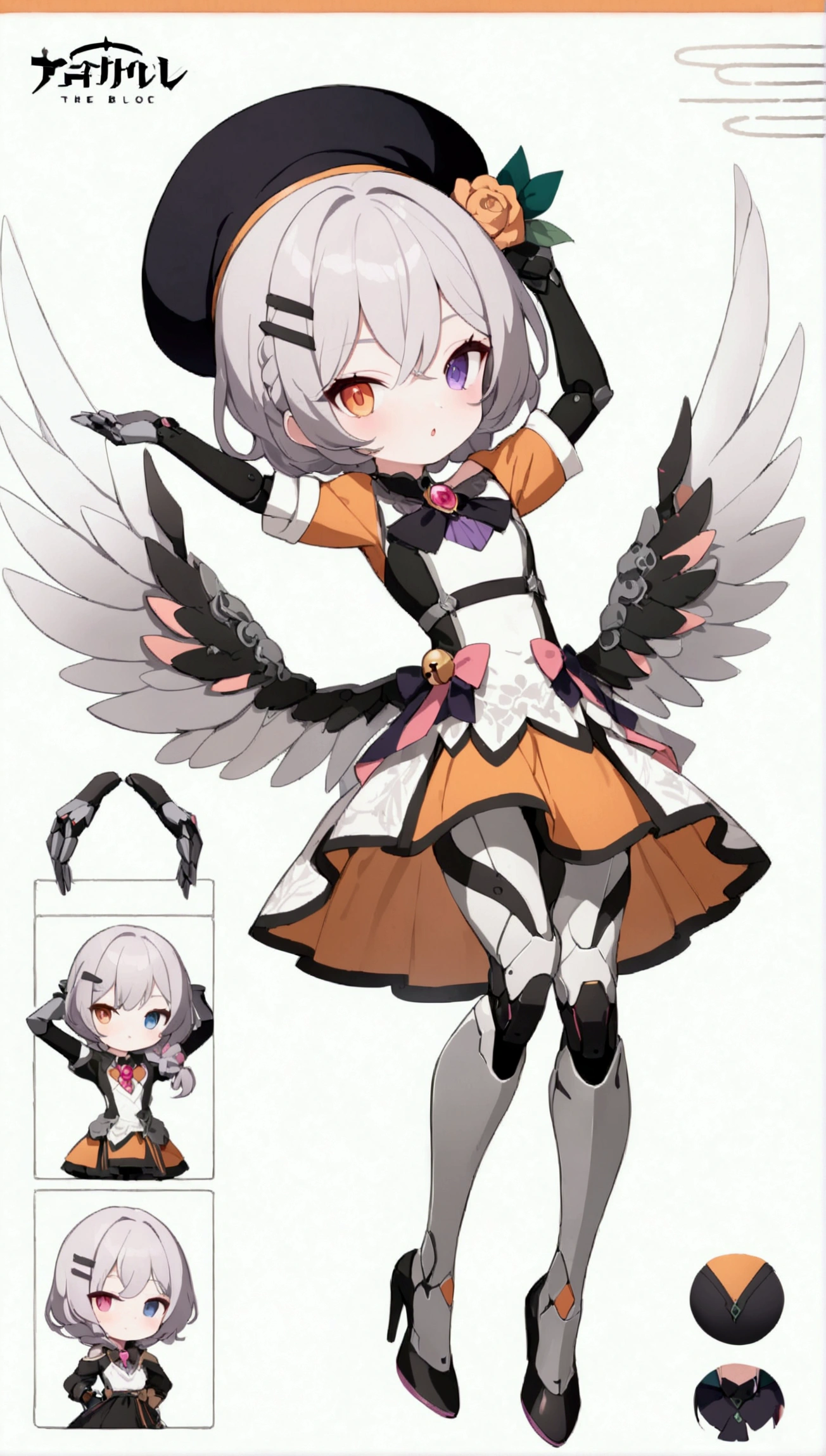 woman 160 cm tall, slim build, , charming look, ((heterocromia: look like, derecho naranja y look like izquierdo violeta)), (gray hair with pink highlights wavy shoulder length, He has a short braid on the left side of his hair on his chest., big open bangs, has a gear hairpin on the left side of the hair), (((complex mechanical legs up to the hip, The legs are black with gray parts with small pink details))), (((complex mechanical arms up to the elbows, The arms are black with gray parts with small pink details))), (complex mechanical angel wings of white color with dark gray parts), elegant black French beret with an orange rose ribbon, (elegant thigh-length one-piece dress, bell skirt, short sleeves, elegant black hip belt with orange parts, small rose brooch in the middle of the chest, beautiful stiletto heels, blue and black ribbon decorations on the dress, (((character design sheet: Front view))), ((Whole body)), extremely detailed beautiful hair, beautiful detailed dress, extremely detailed arms, extremely detailed face, (Extremely detailed hands), perfect hands, small face, hermosos look likes detallados, beautiful detailed lips, adorable, extremely detailed legs, (Best Quality, 8k, High resolution), ultra detailed, Exquisite and epic character art, ((White background)), (Focus on symmetry).