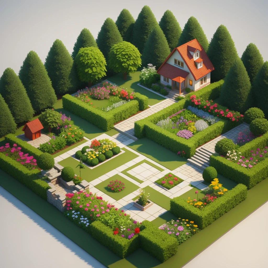 lowpoly garden isometric 3d art cartoon style 1house, high detail, best quality, fog volumetric, variation environment, 1angle, 1side, simple object