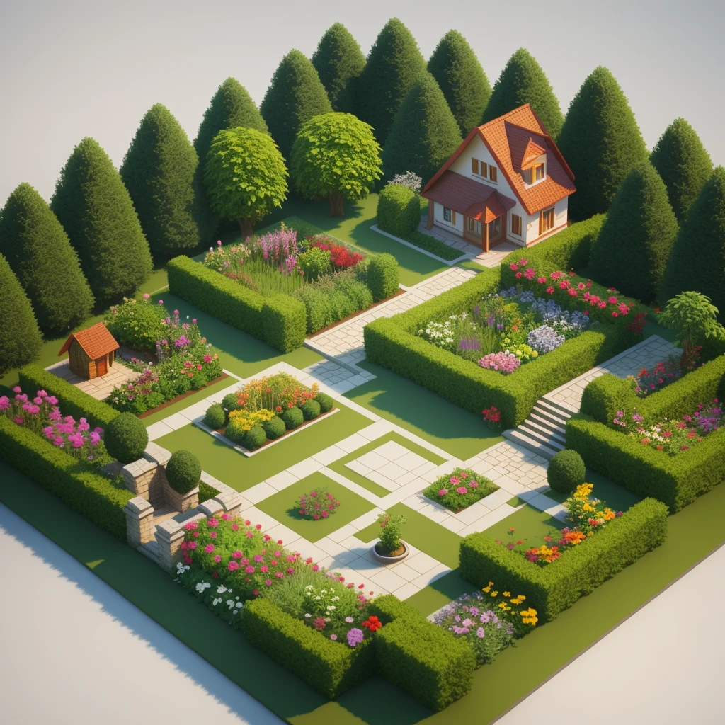 lowpoly garden isometric 3d art cartoon style 1house, high detail, best quality, fog volumetric, variation environment, 1angle, 1side, simple object