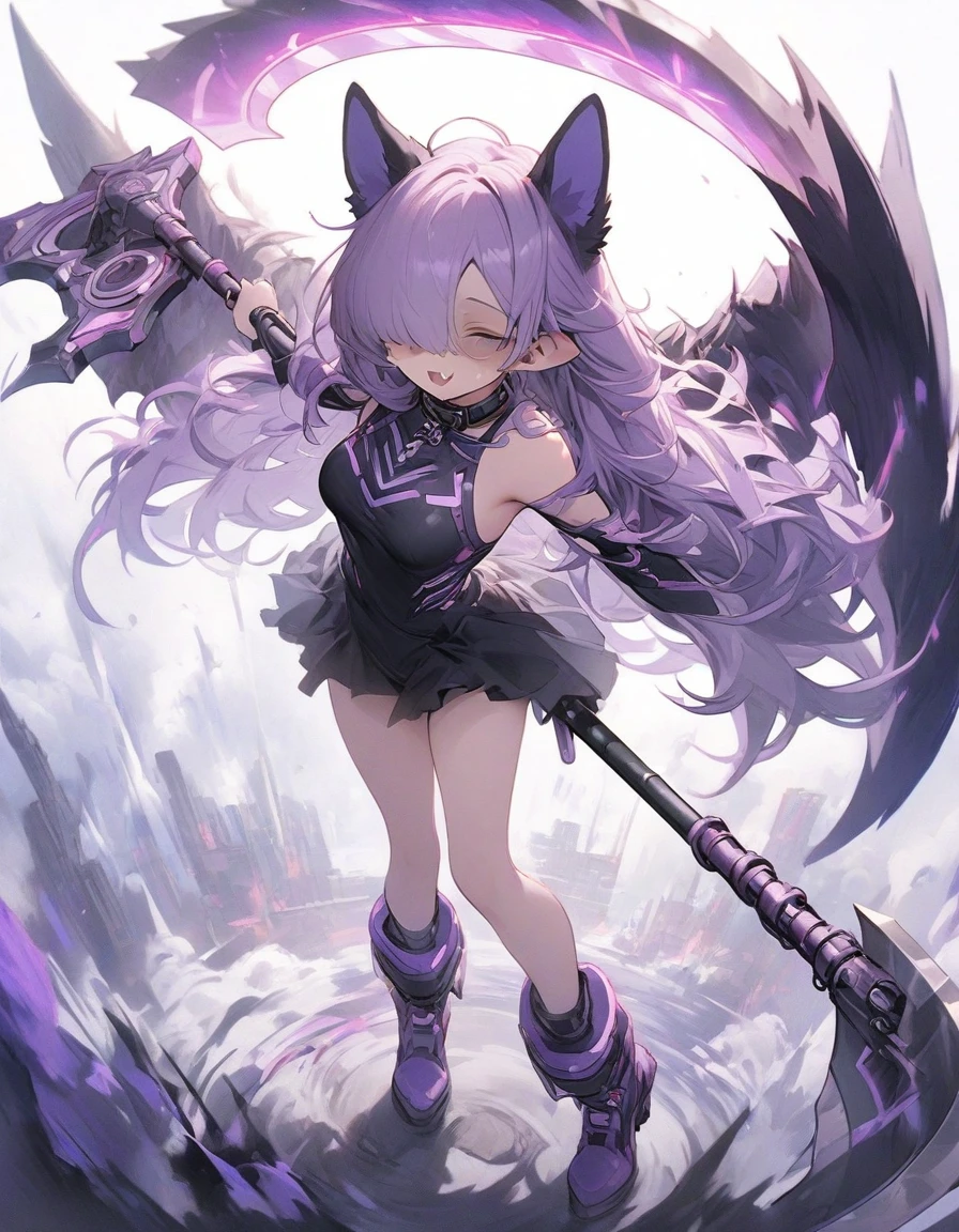 ,(1girl:1.2), {masterpiece), best quality, illustration, expressionless,chest,(purple hair:1.1),,,,bags_under_eyes, (hair over one eye:1.25),,, jimiko, long hair, big hair,(shaded face:1.1),wince, ,, darkness,(dog ears:1.1), chained collar,collar,smile,fang, ,,standing pose,1girl white background,purple cyber outfit, (cyber hi-tech boots:1.2), high resolution, digital painting, 8k high resolution, trending art station, white background, whole body. (hold on high tech energy axe:1.3),(full body:1.3),